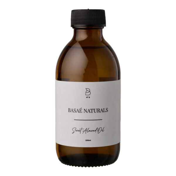 Basaè Naturals Oil Sweet Almond Oil in amber glass bottle.