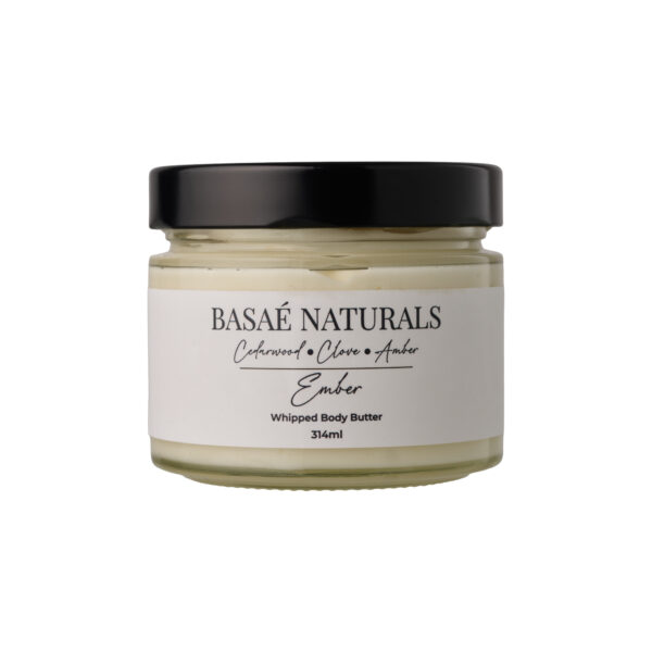 Basaè Naturals Ember Whipped Body Butter in clear glass jar