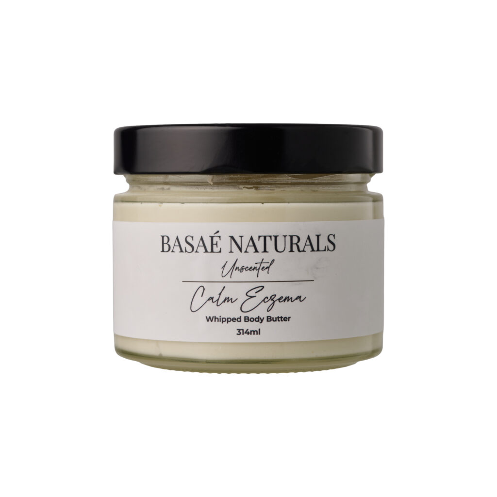 Basaè Naturals Calm Eczema Whipped Body Butter in clear glass jar