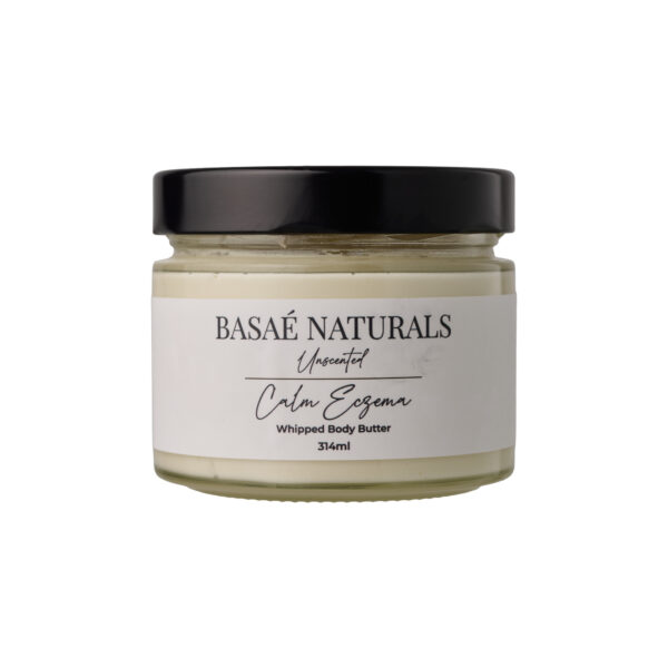 Basaè Naturals Calm Eczema Whipped Body Butter in clear glass jar