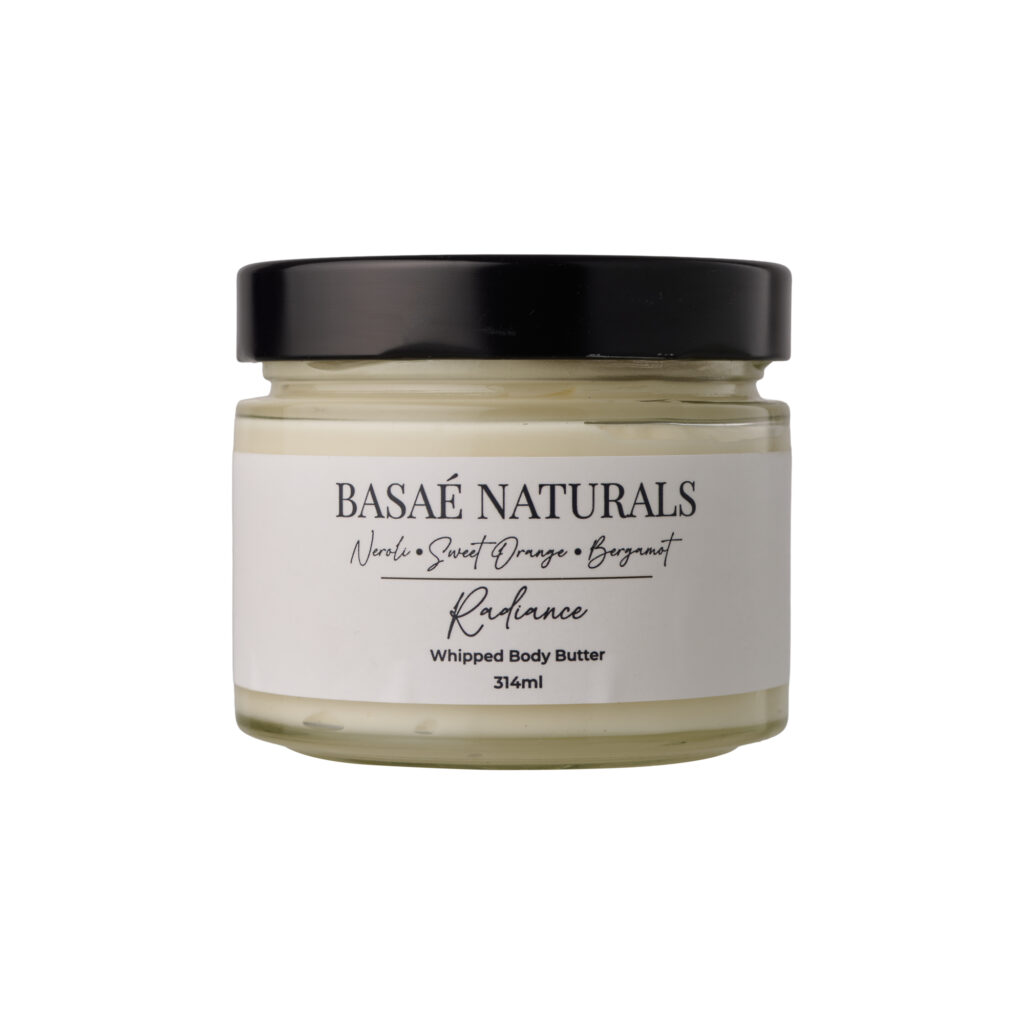 Basaè Naturals Radiance Whipped Body Butter in clear glass jar